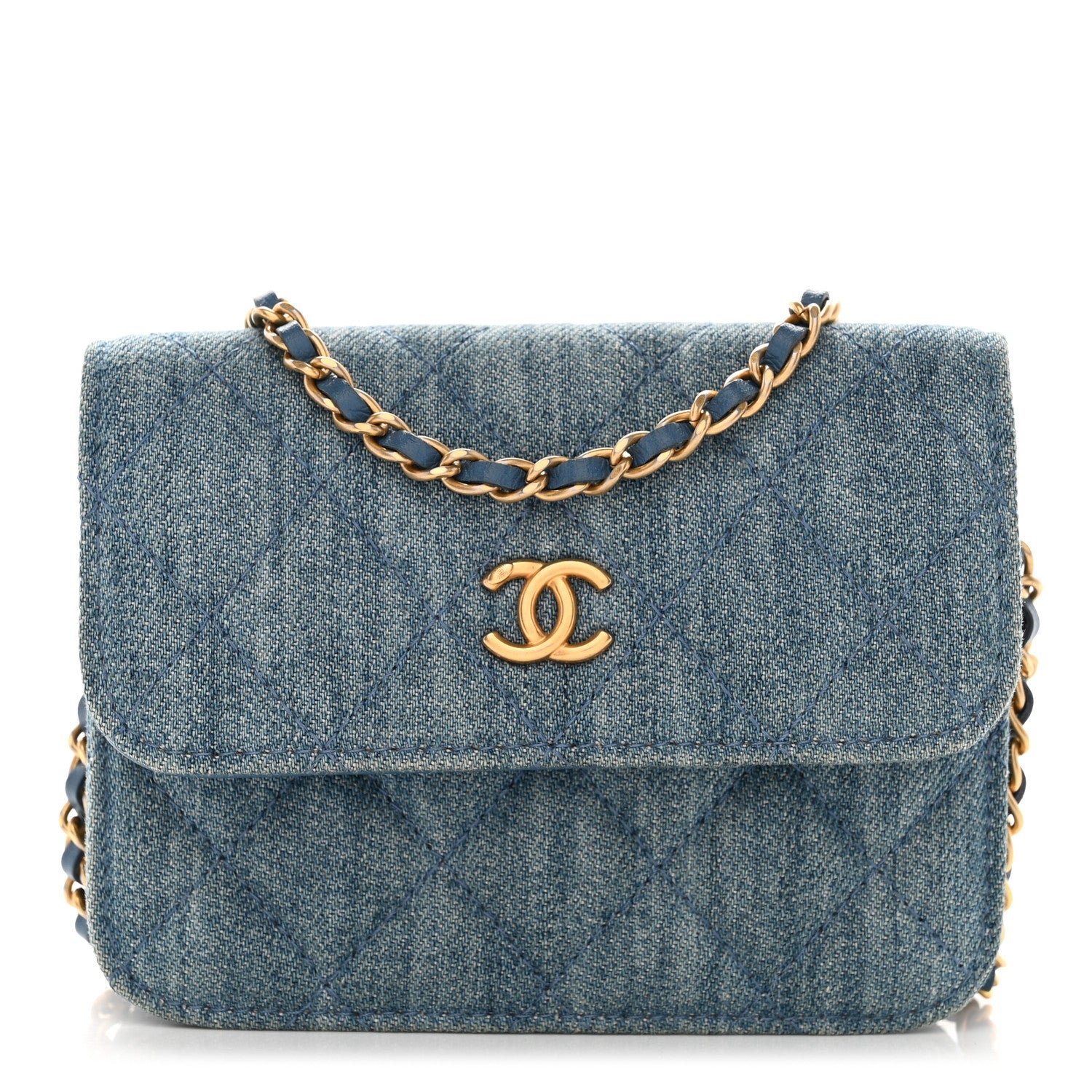 Chanel Denim Quilted CC Pearl Crush Clutch With Chain Blue