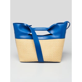 Alexander McQueen Natural/Electric Blue Leather and Straw Small Bow Tote Bag