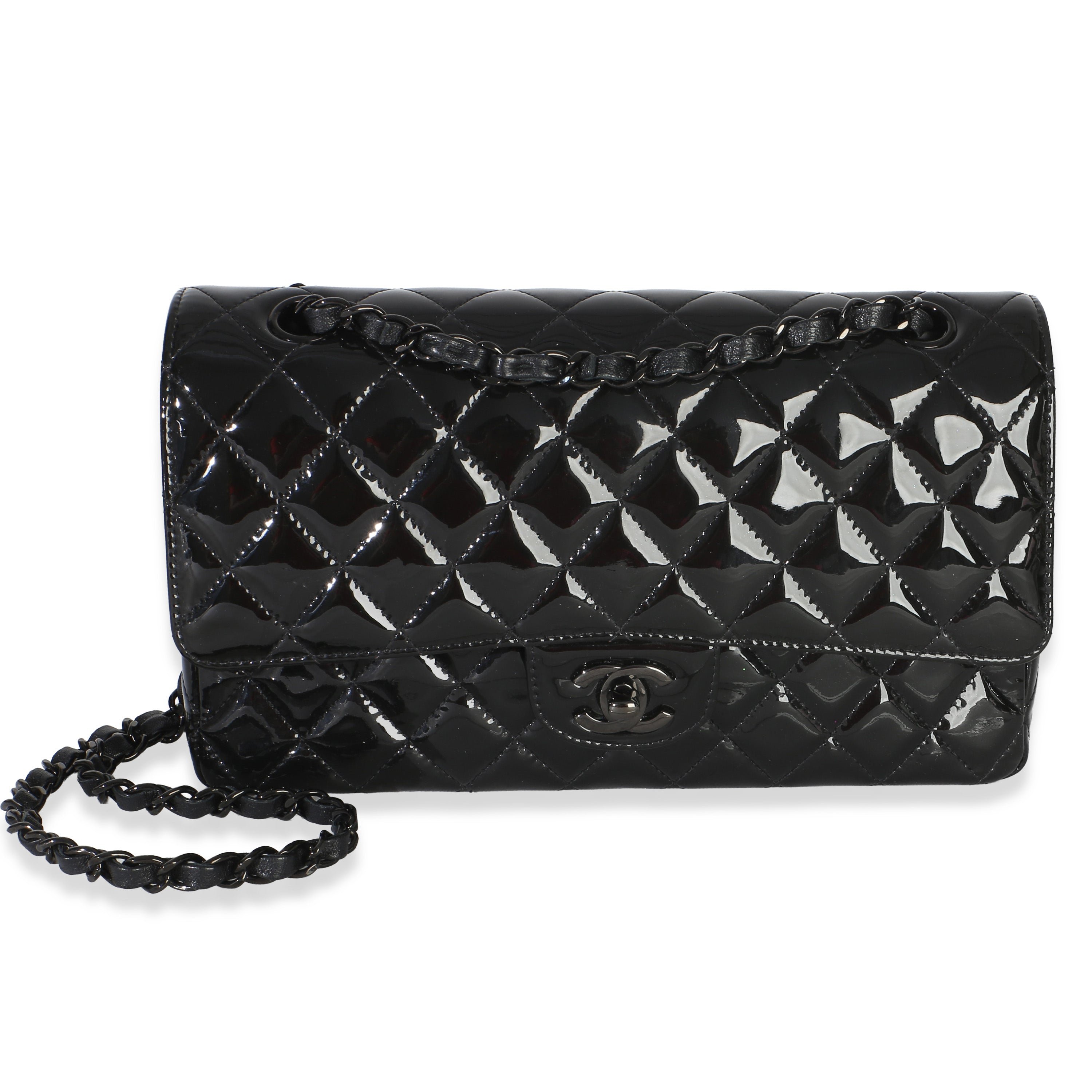 So Black Quilted Patent Medium Classic Double Flap Bag