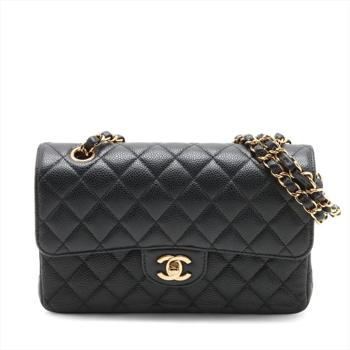 Chanel Matelasse 23 Small Caviar Skin Double Flap Double Chain Bag Black Gold Me