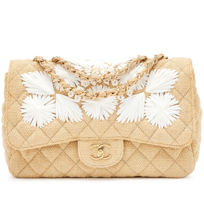 Beige White Quilted Linen And Straw Raffia Floral Embroidered Country Coco Jumbo Flap Bag Brushed Gold Hardware, 2010