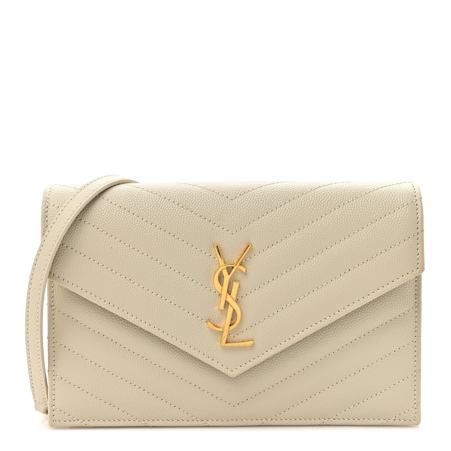Saint Laurent Grain De Poudre Matelasse Chevron Monogram Envelope Chain Wallet Crema Soft