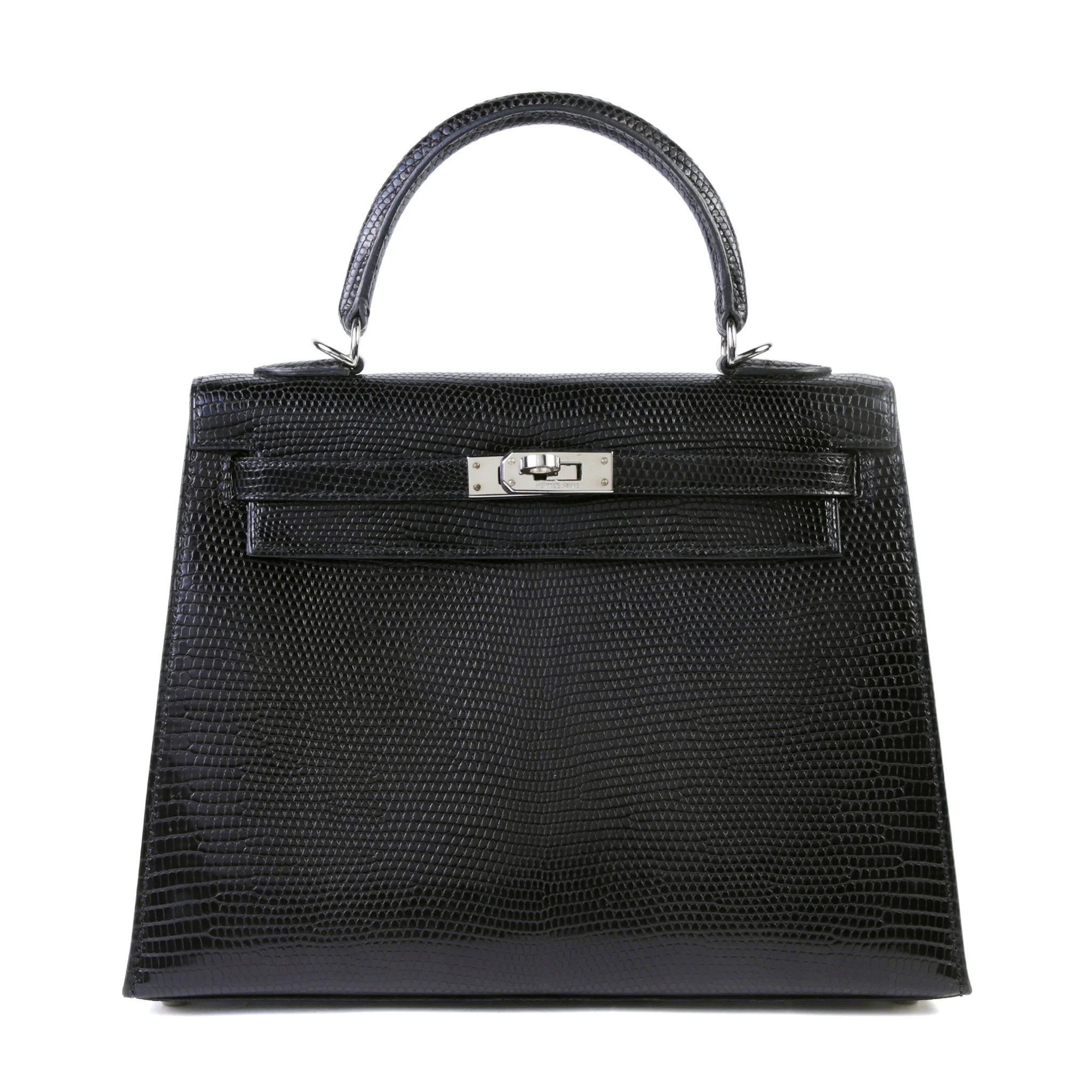 Very Good ( Rank A) HERMÈS Kelly 25 Sellier Noir (89) Lizard Palladium hardware Square F (2002)