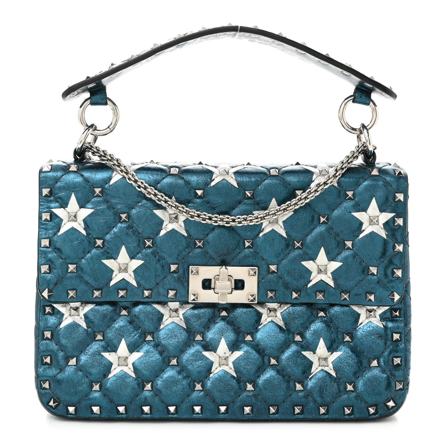Valentino Garavani Metallic Wrinkled Lambskin Star Medium Rockstud Spike Shoulder Bag Peacock
