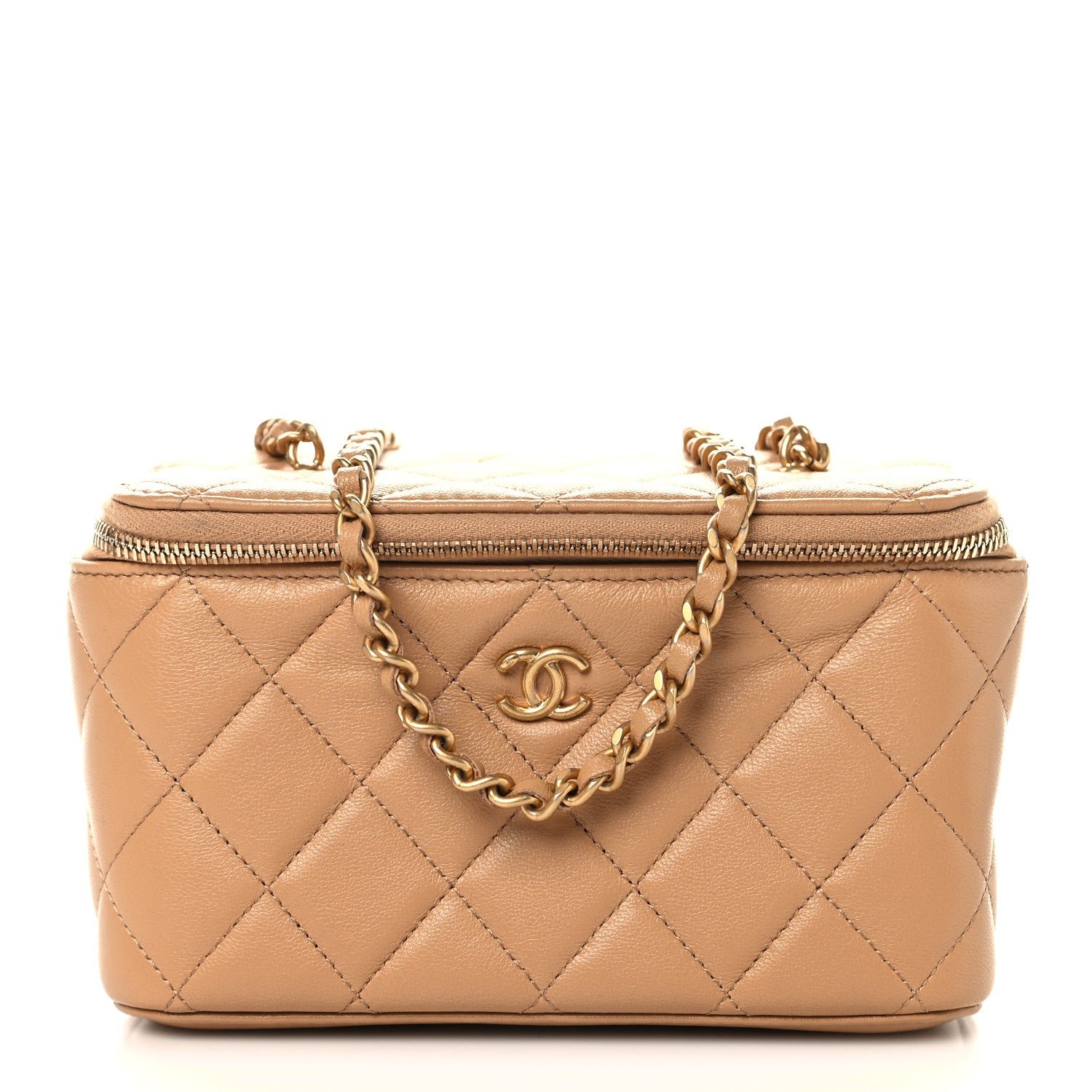 Chanel Lambskin Quilted Pearl Crush Small Vanity Case With Chain Beige