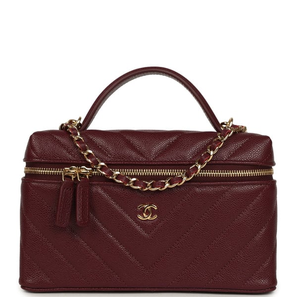 Chanel Chevron Top Handle Long Vanity Case with Chain Dark Burgundy Shiny Caviar Gold Hardware
