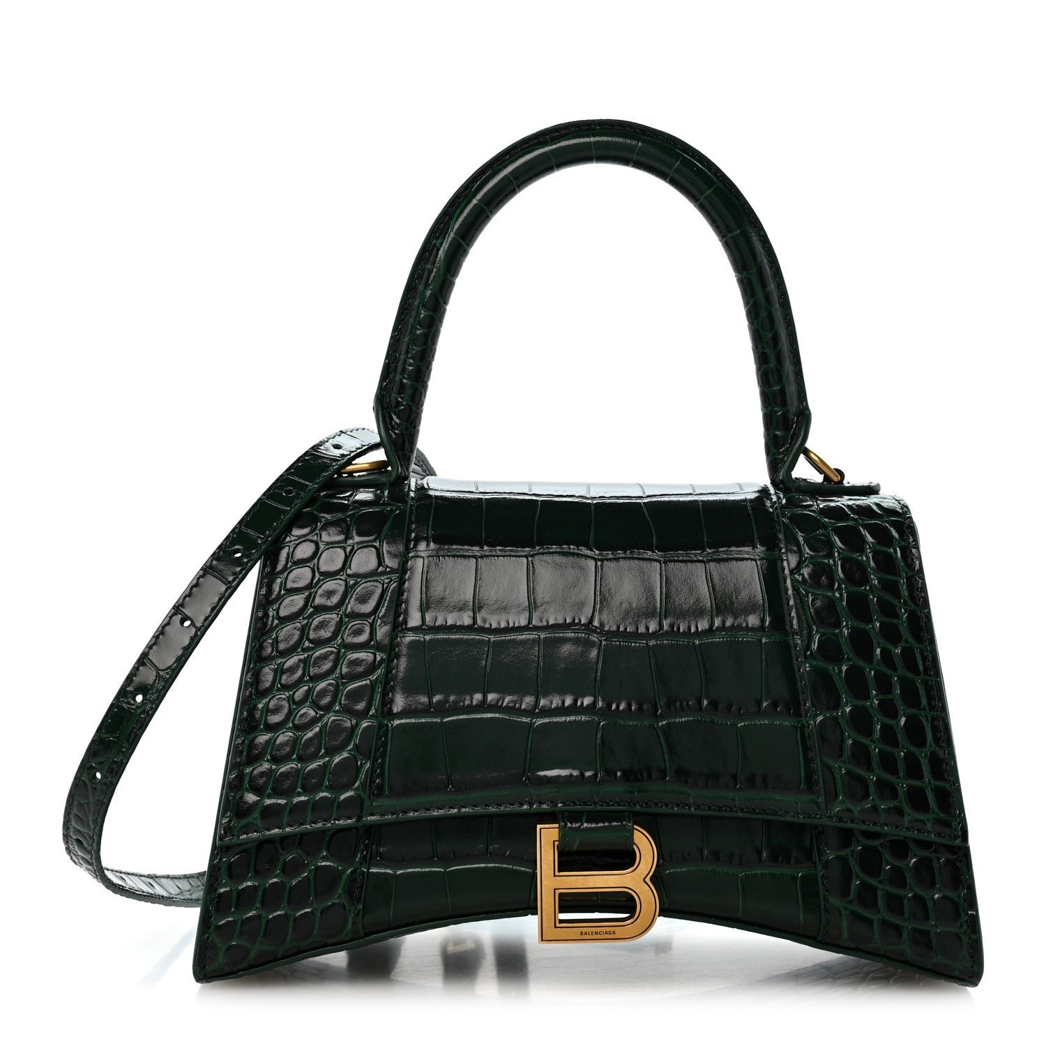 Balenciaga Shiny Calfskin Crocodile Embossed Small Hourglass Top Handle Bag Forest Green