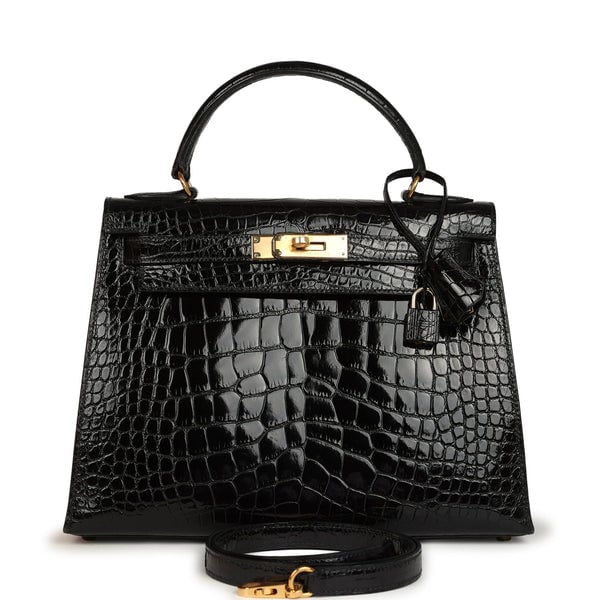 Vintage Hermes Kelly Sellier 28 Black Shiny Alligator Gold Hardware