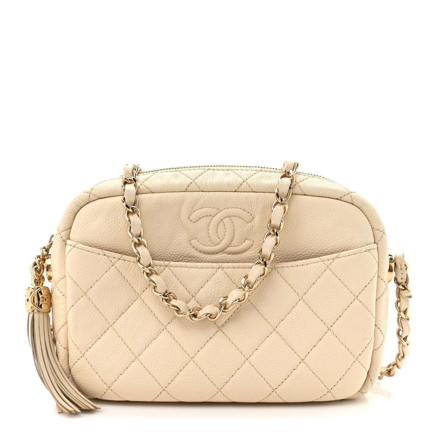 Chanel Caviar Flat Quilted Small Coco Tassel Camera Case White