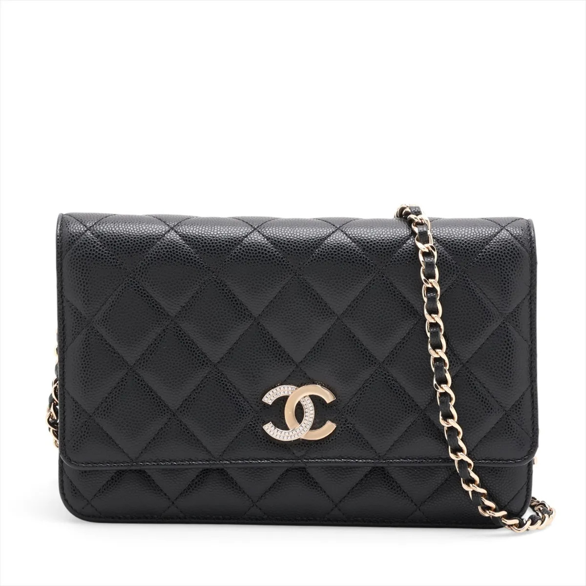 Chanel Matelasse Caviar Skin Chain Wallet Black Gold Metal Fittings random plate