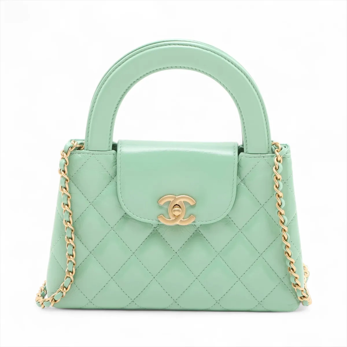 Chanel Matelasse Leather 2 Way Handbag Matelasse Green Gold Metal Fittings rando