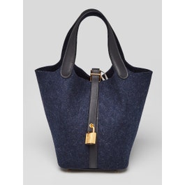 Hermes 18cm Blue Nuit Feutre Wool and Black Swift Gold Plated Picotin Bag