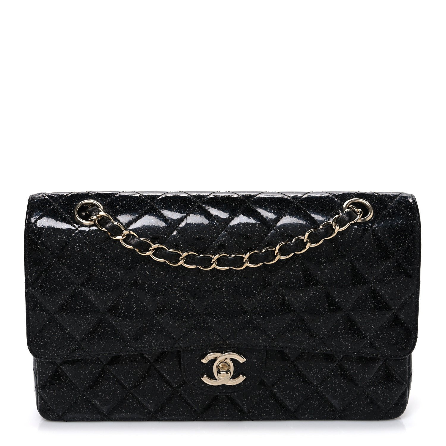 Chanel Patent Quilted Sparkle Glitter Medium Double Flap Black