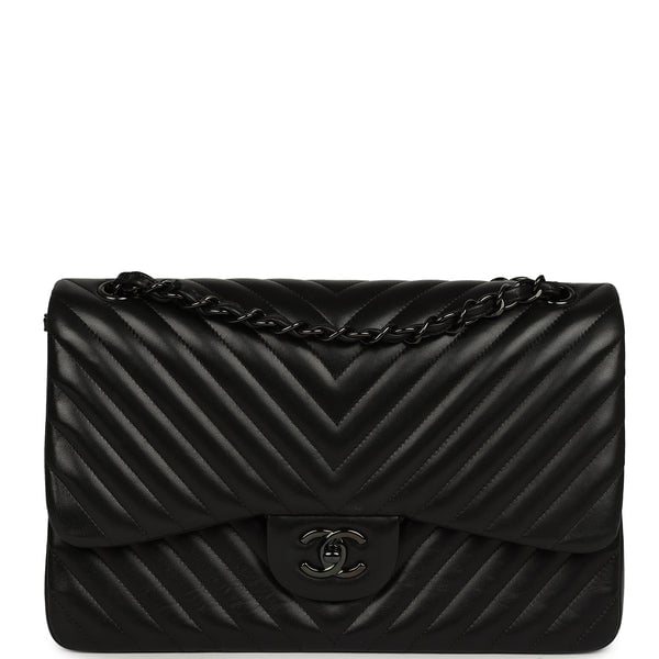 Pre-owned Chanel Jumbo Classic Chevron Double Flap Bag So Black Lambskin Black Hardware