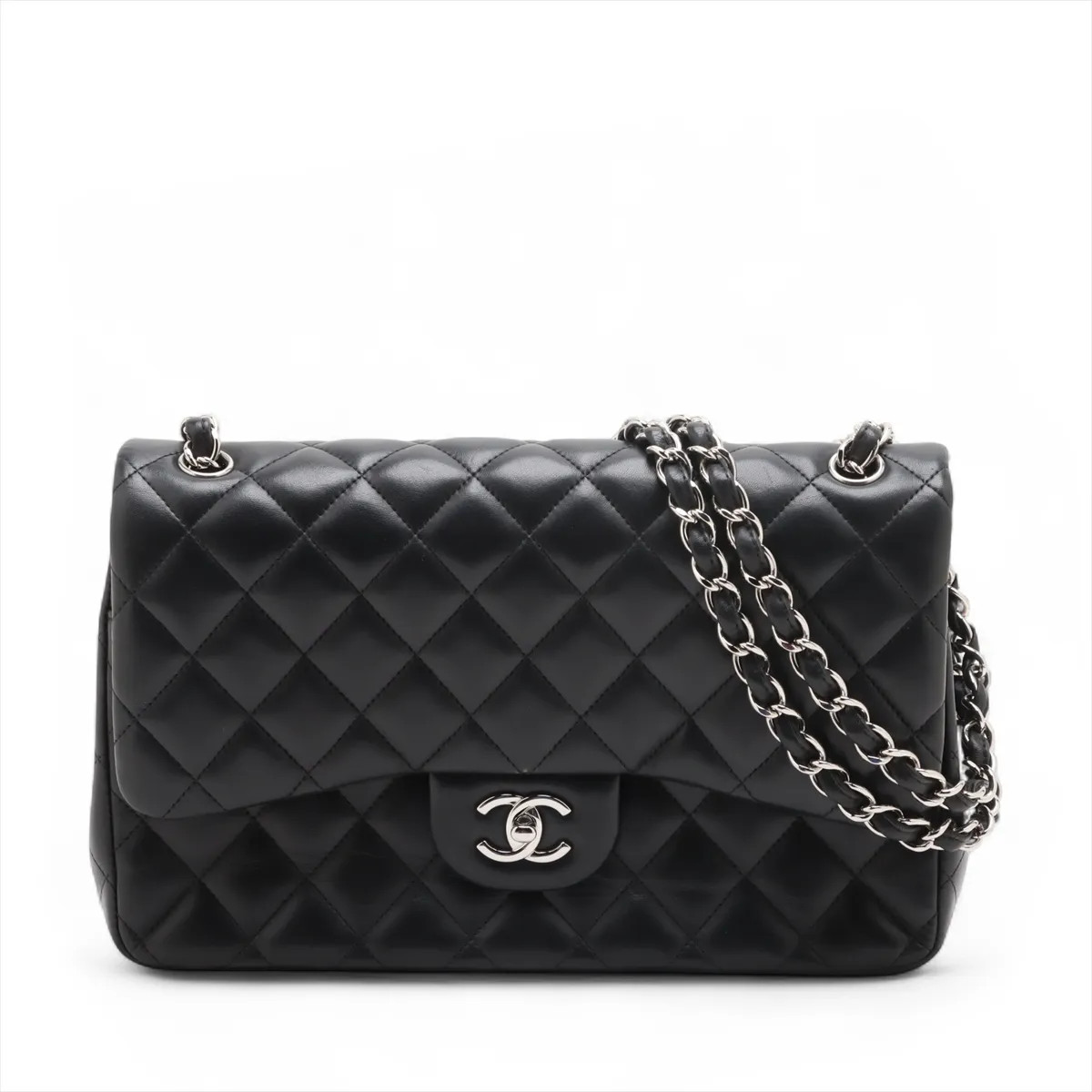 Chanel DEKAMATRASSE 30 Large Lambskin Double Flap Double Chain Bag Black Silver