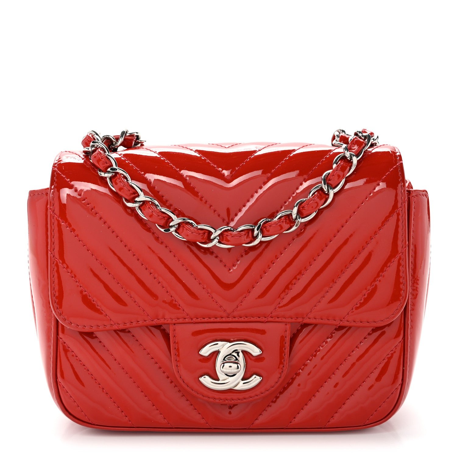 Chanel Patent Chevron Quilted Mini Square Flap Red