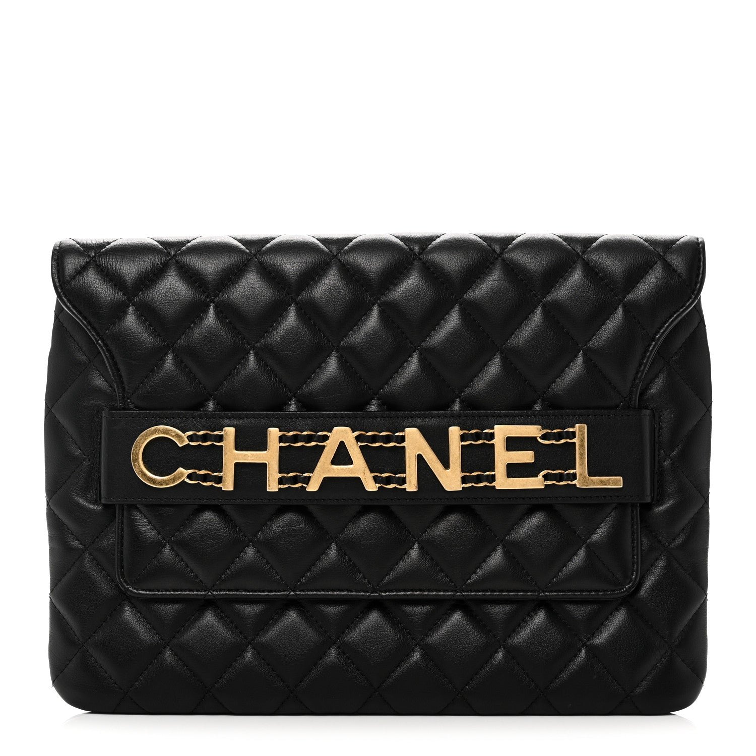Chanel Calfskin Quilted Front Logo Enchained Clutch Black
