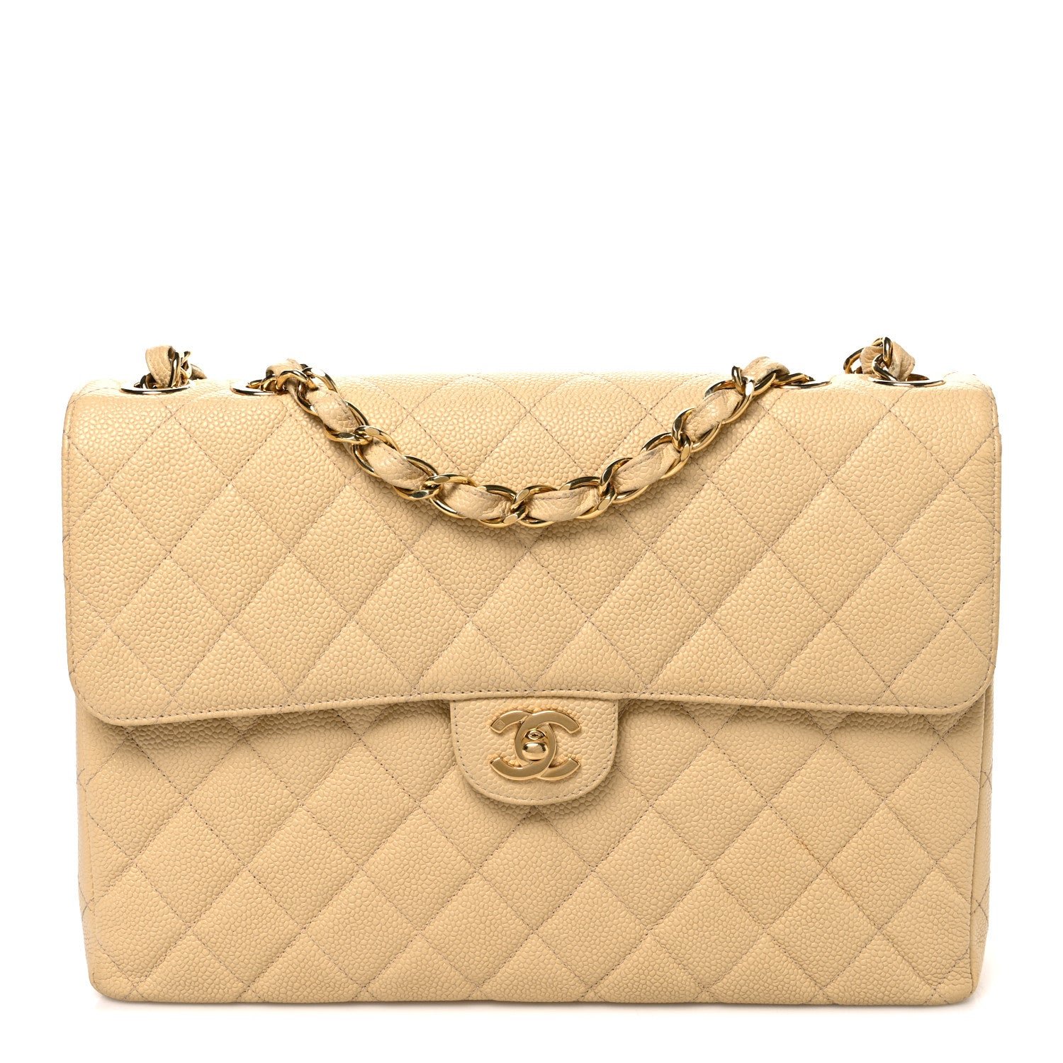 Chanel Caviar Quilted Jumbo Single Flap Beige