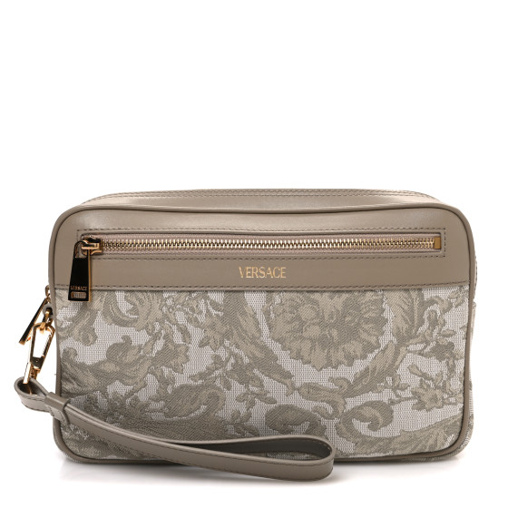 Versace Fabric Jacquard Calfskin Barocco Wristlet Pouch Beige