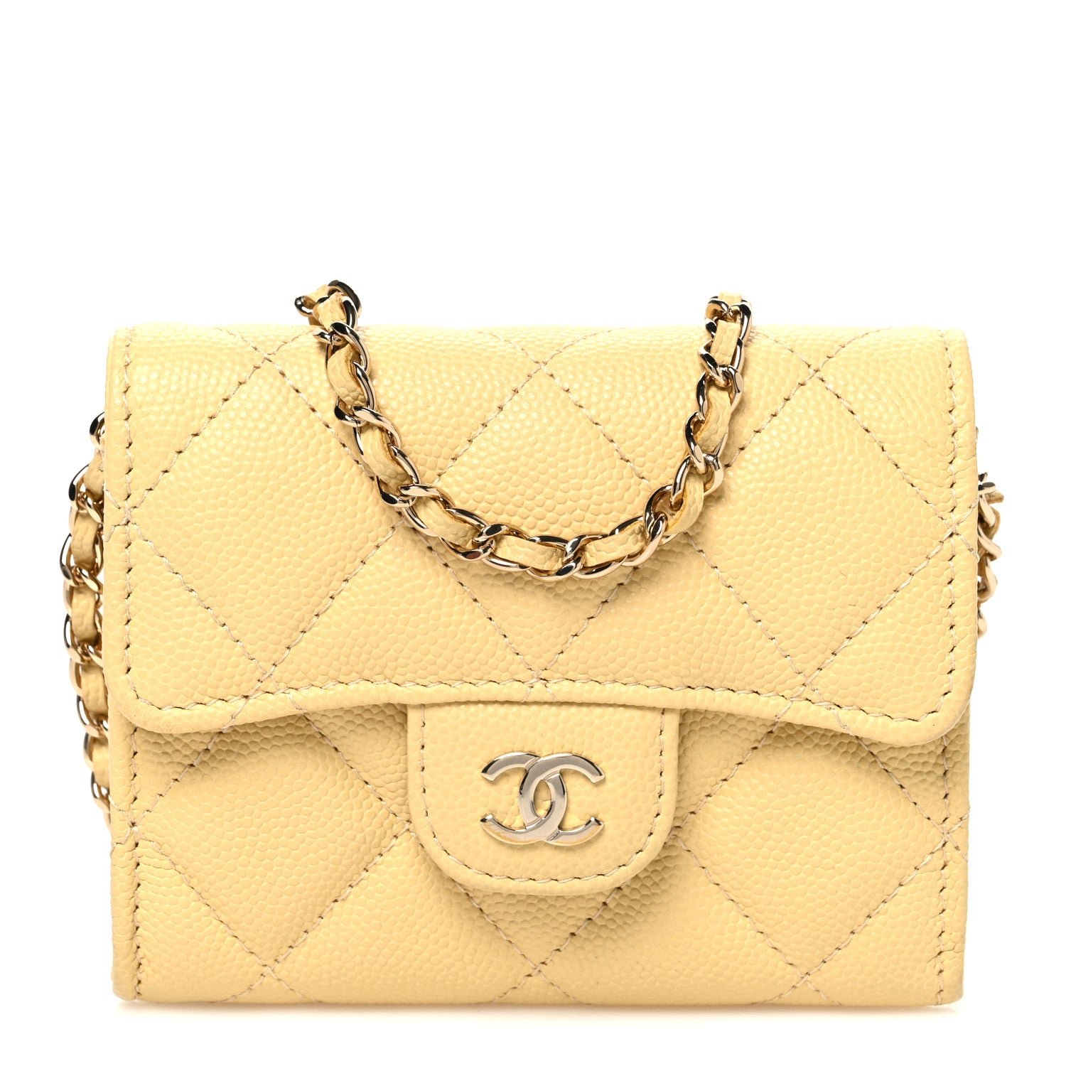 Chanel Caviar Quilted Flap Card Holder On Chain Yellow