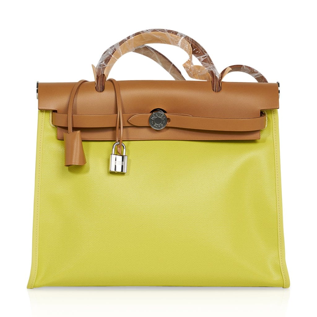 Hermes Hermes Herbag Zip 31 Bag Lime Berline Toile Vache Hunter Leather with Palladium Hardware