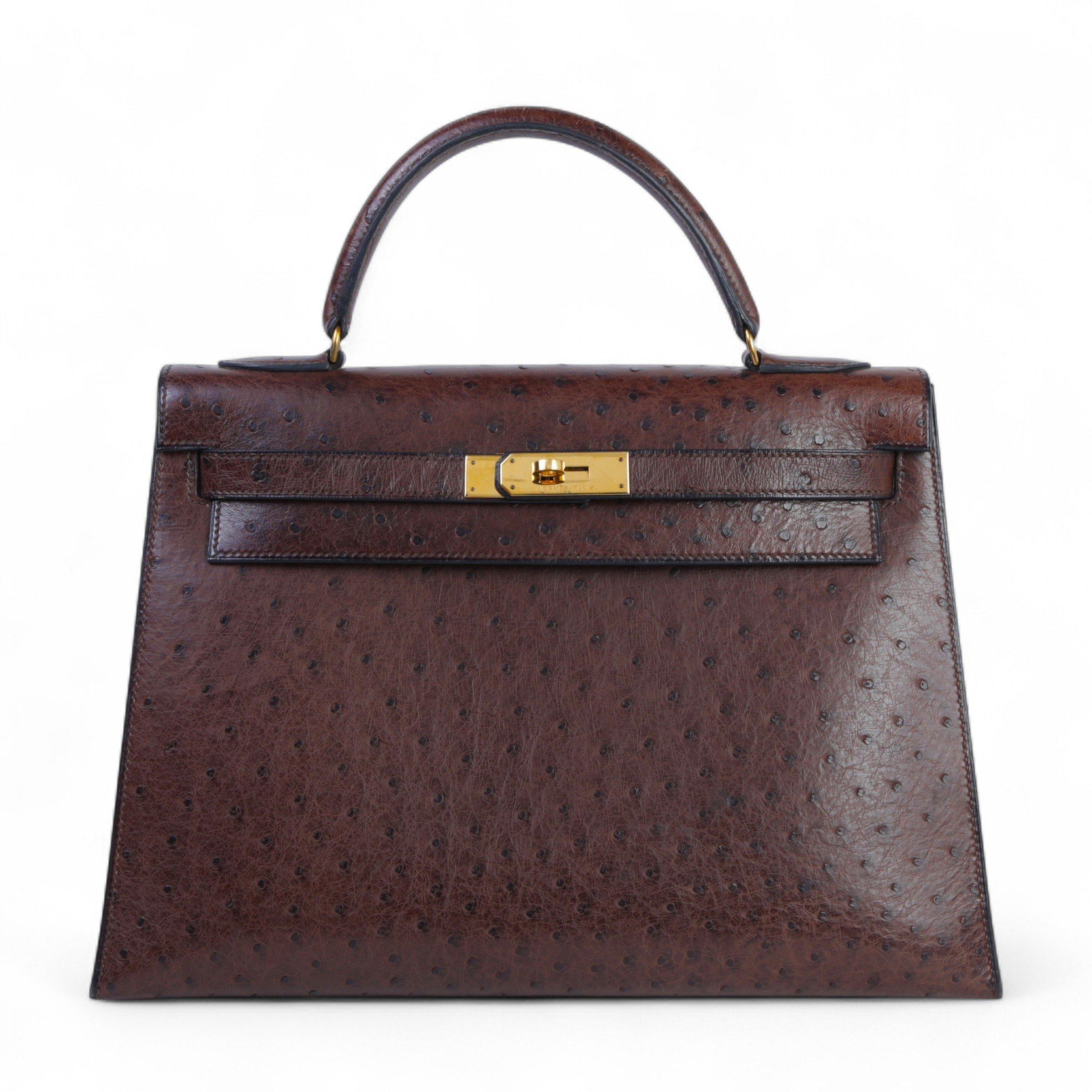 Hermes Good ( Rank AB) HERMÈS Kelly 32 Sellier Brown Ostrich Gold hardware Circle P (1986)