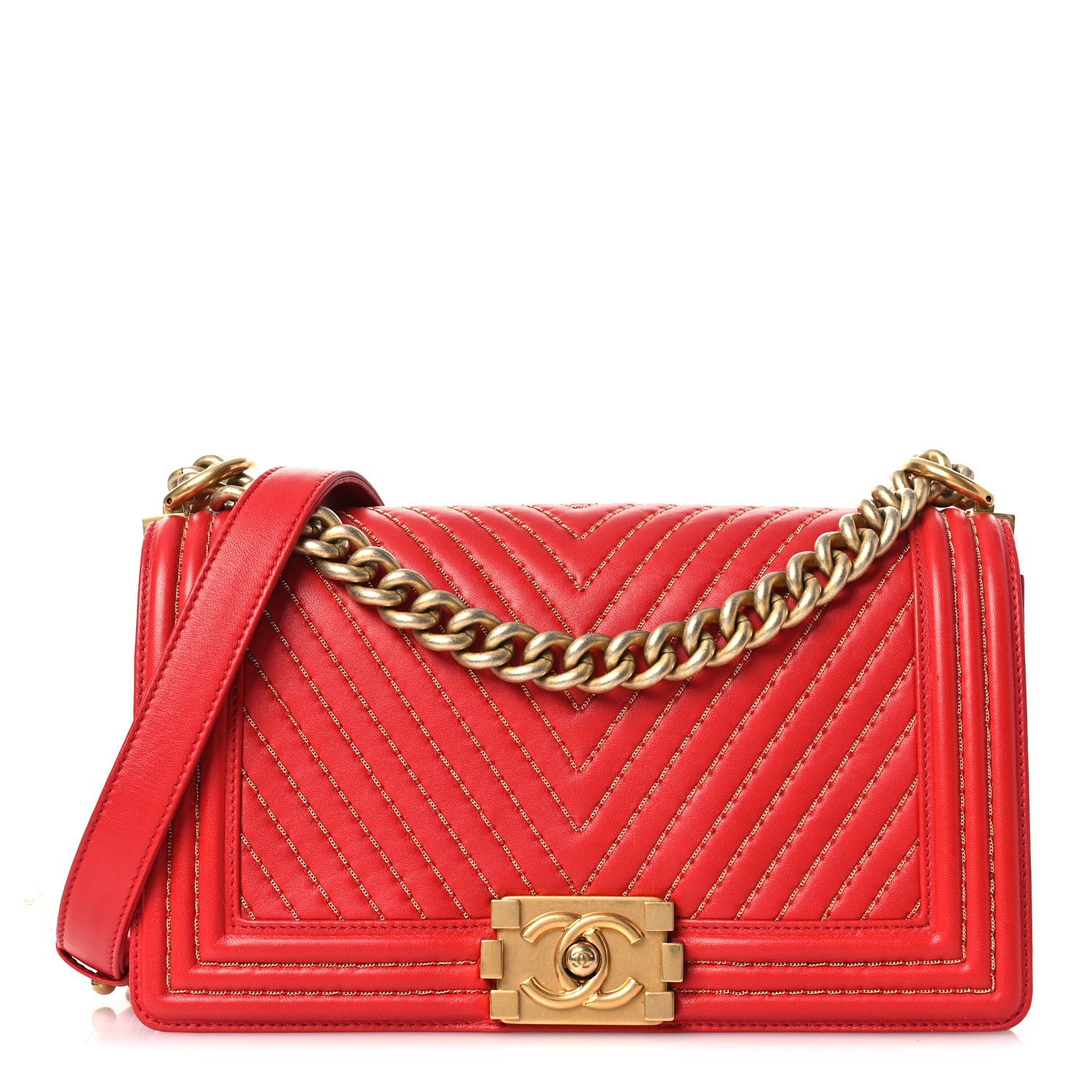 Chanel Lambskin Chevron Chain Stitched Medium Boy Flap Red