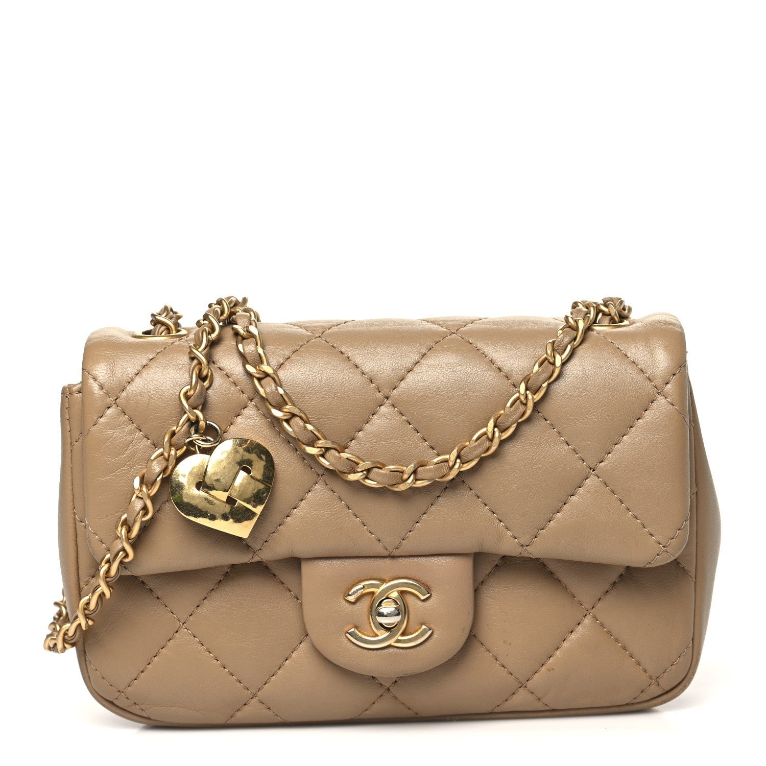 Chanel Lambskin Quilted Mini Heart Charms Flap Beige