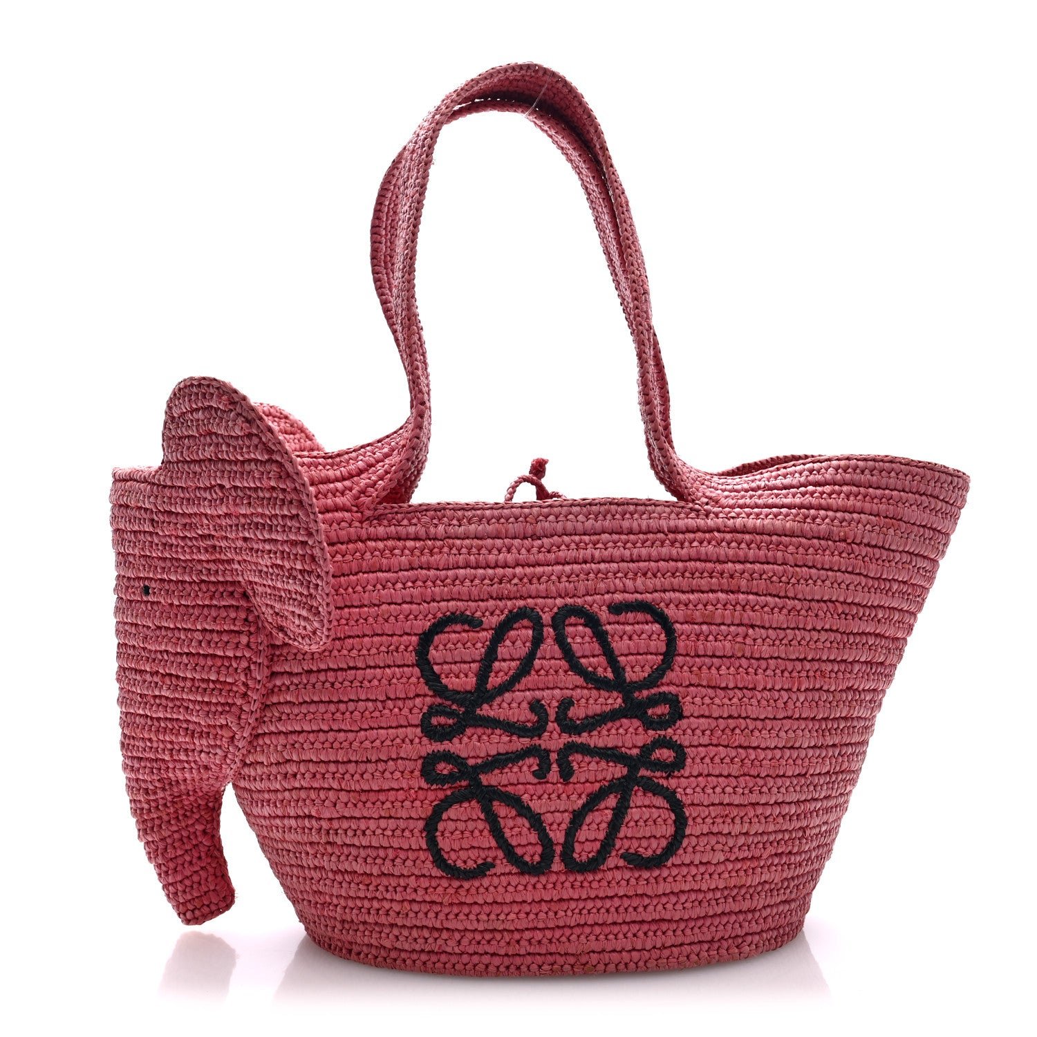 Loewe Raffia Medium Elephant Basket Tote Bag Pink Black Sunset Pink