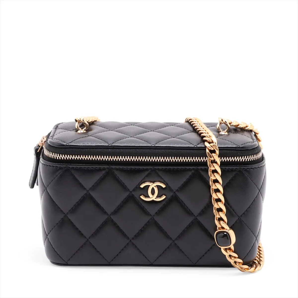 Chanel Matelasse Lambskin Chain Shoulder Bag Vanity Black Gold Metal Fittings ra