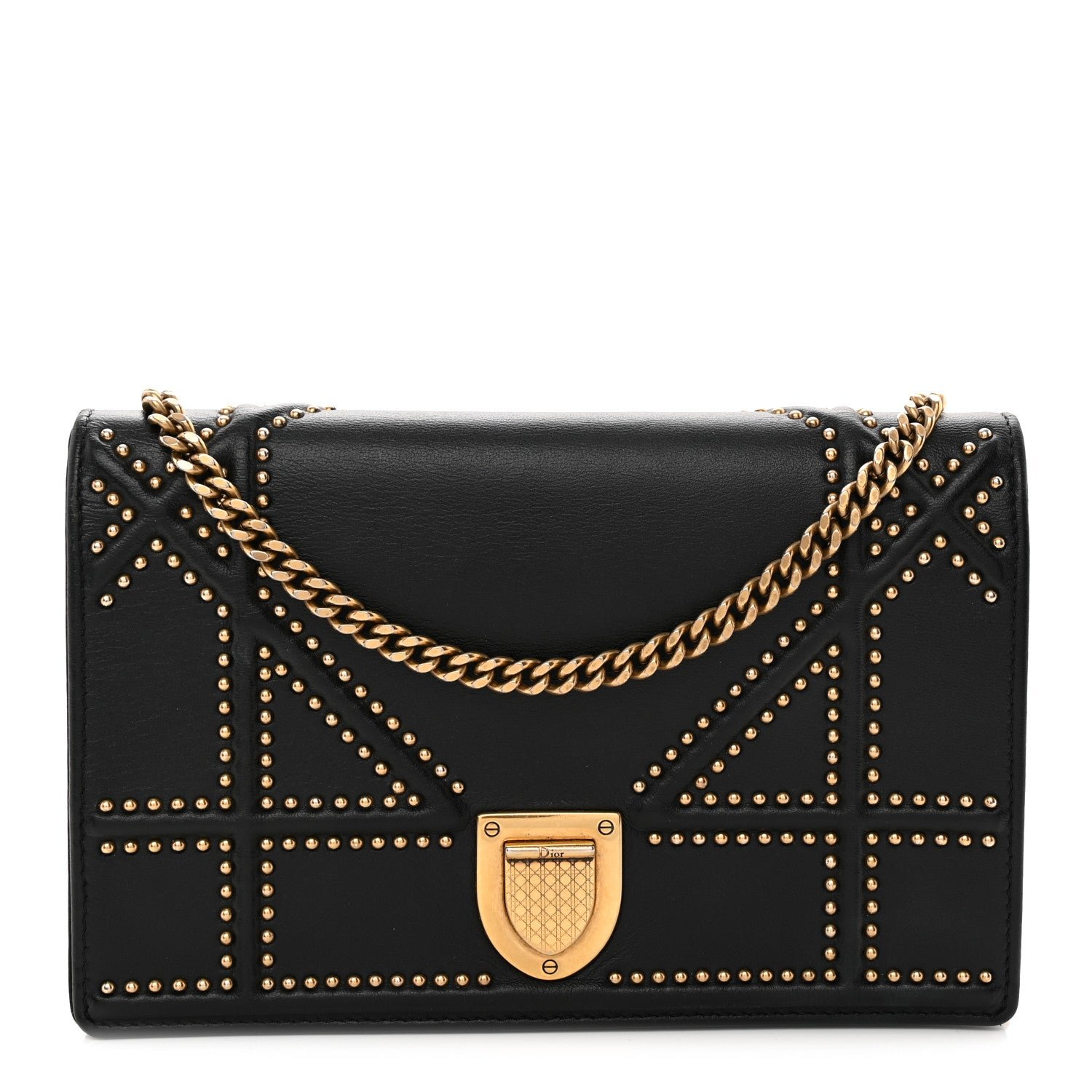 Christian Dior Calfskin Studded Diorama Wallet on Chain Pouch Black