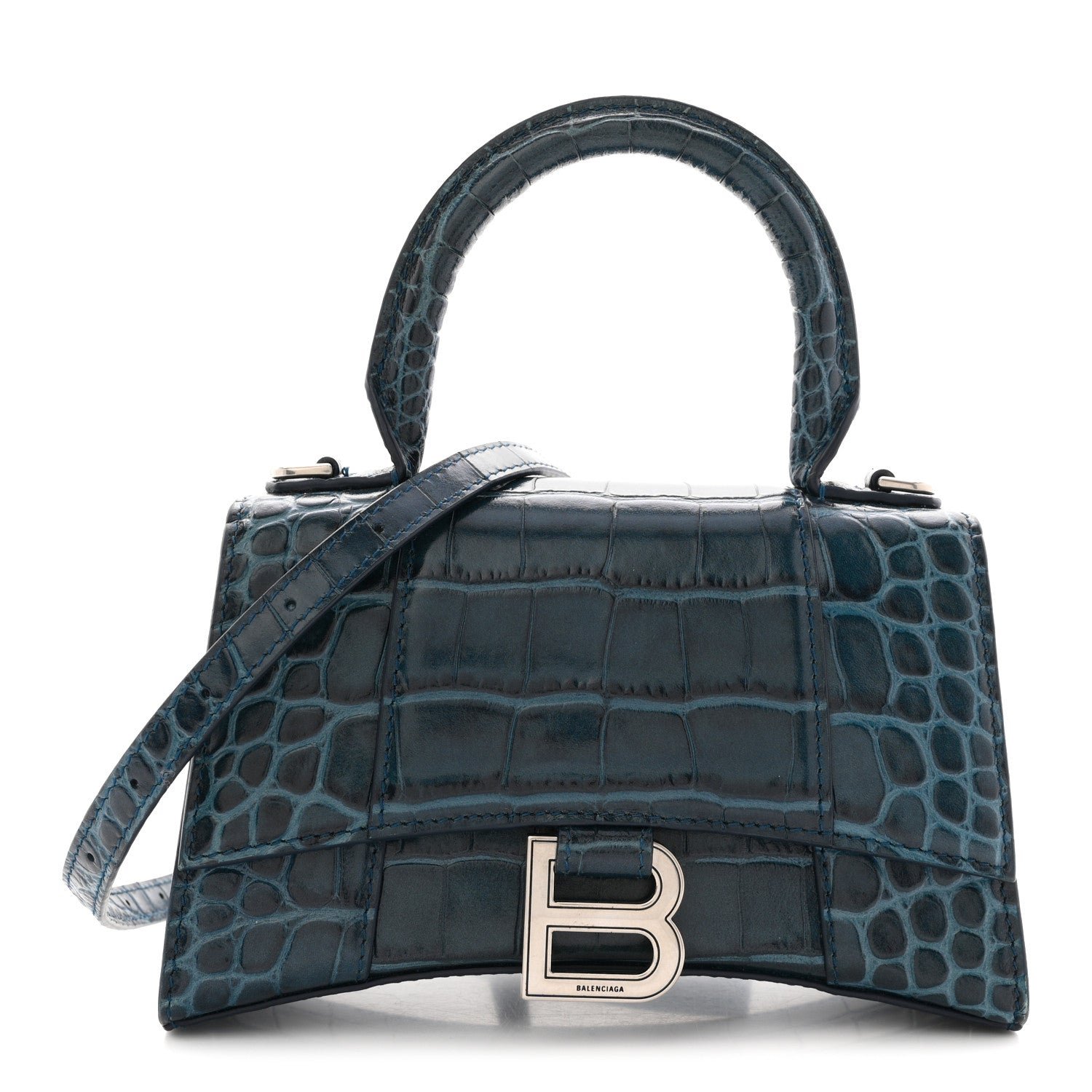 Balenciaga Shiny Calfskin Crocodile Embossed Hourglass Top Handle Bag XS Denim Blue