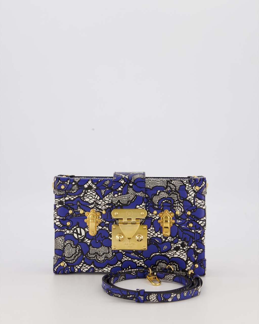 Louis Vuitton Blue Lace Floral Petite Malle Bag in Calfskin Leather With Gold Hardware