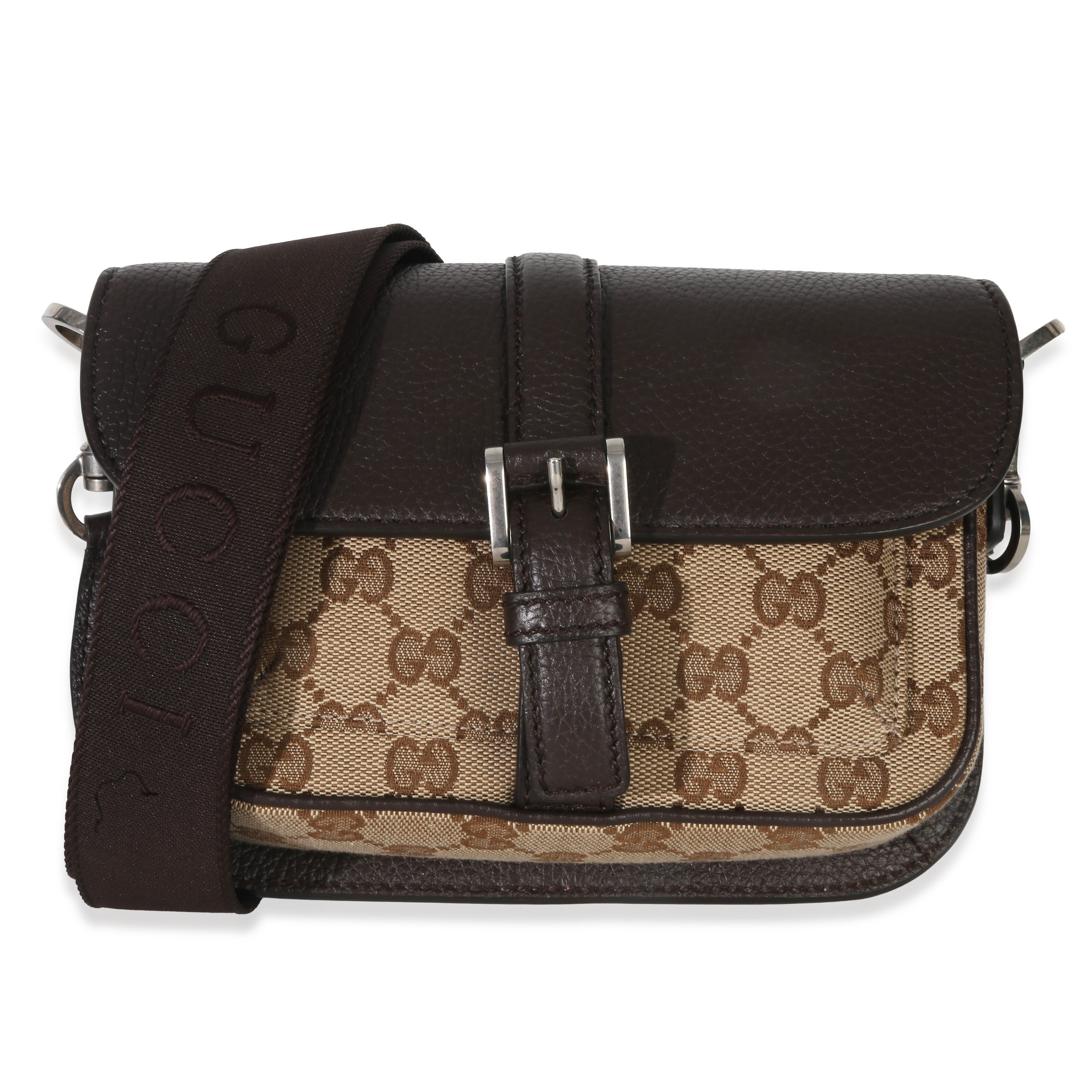 Beige Ebony GG Monogram Canvas Mini Buckle Crossbody Bag