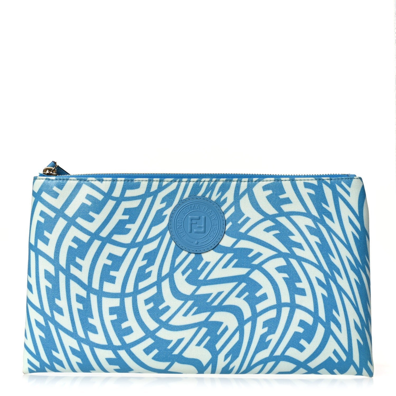 Fendi X SARAH COLEMAN Glazed Fabric Jacquard Vitello King FF Vertigo Medium Flat Pouch Cyber Blue White