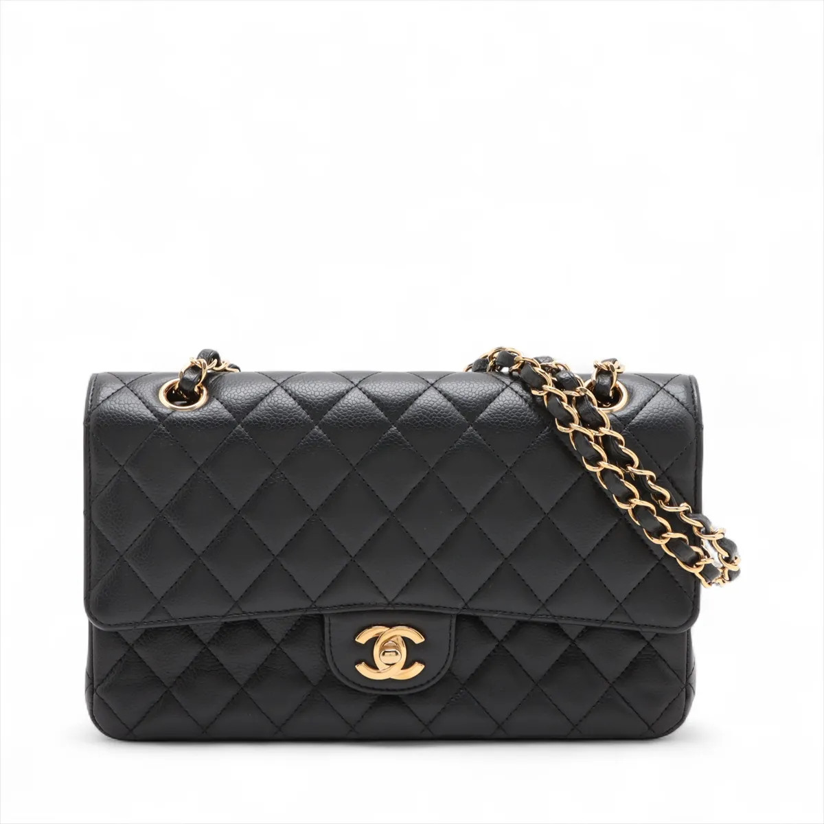 Chanel Matelasse 25 Caviar Skin Double Flap Double Chain Bag Black Gold Metal Fi