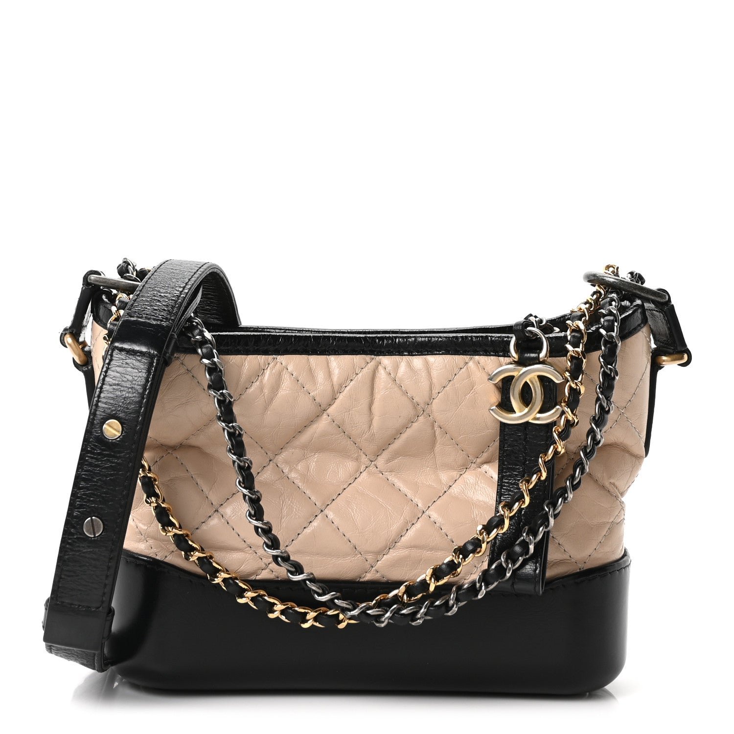 Chanel Aged Calfskin Quilted Small Gabrielle Hobo Beige Black