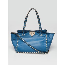 Valentino Valentino Blue Leather Rockstud Trapeze Small Tote Bag