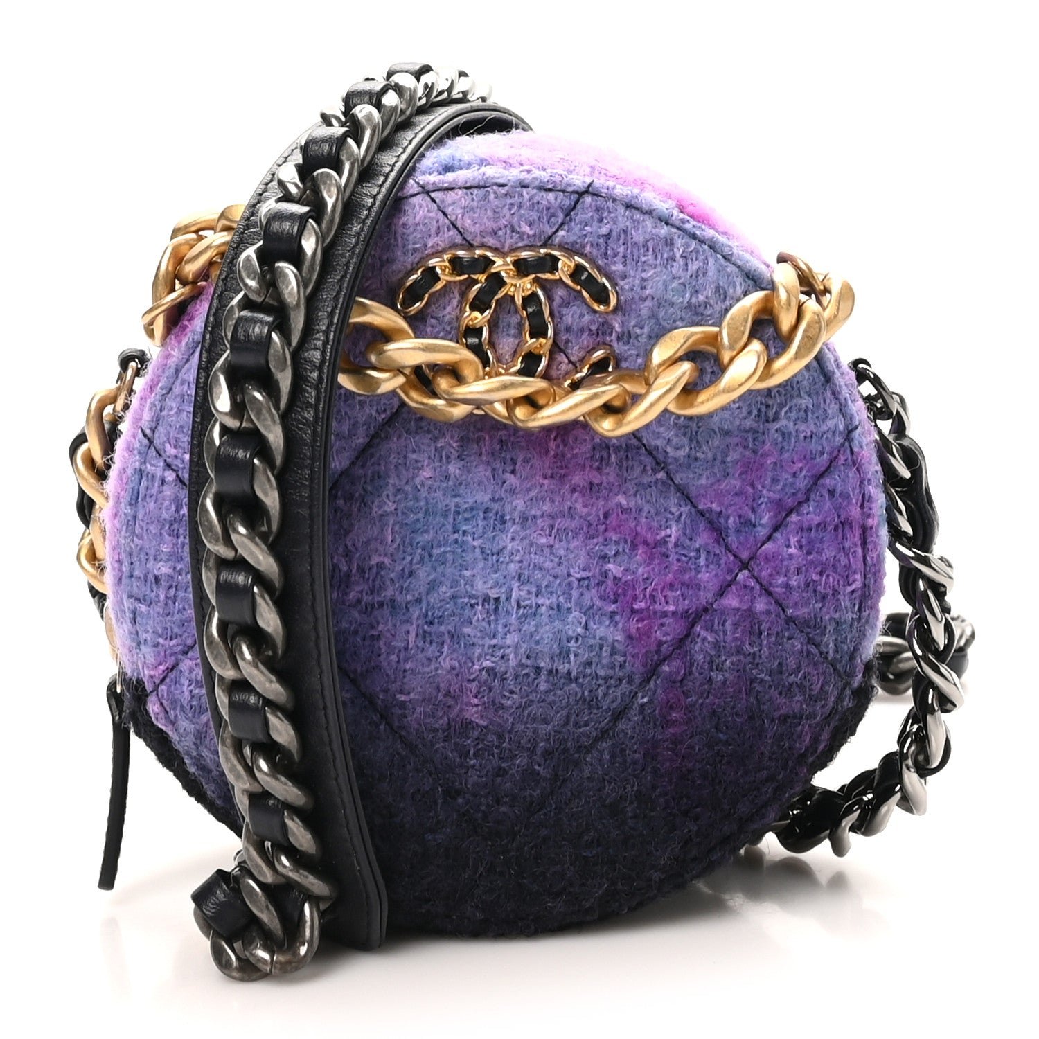 Chanel Wool Tweed Chanel 19 Round Clutch With Chain Purple Black Blue