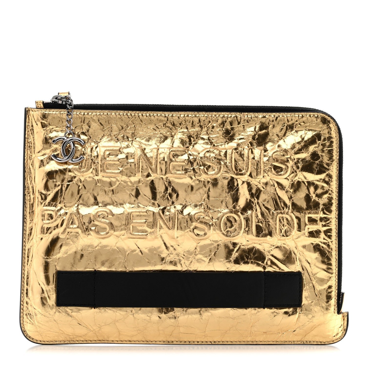Chanel Metallic Lambskin Medium Je Ne Suis Pas En Solde Pouch Clutch Gold