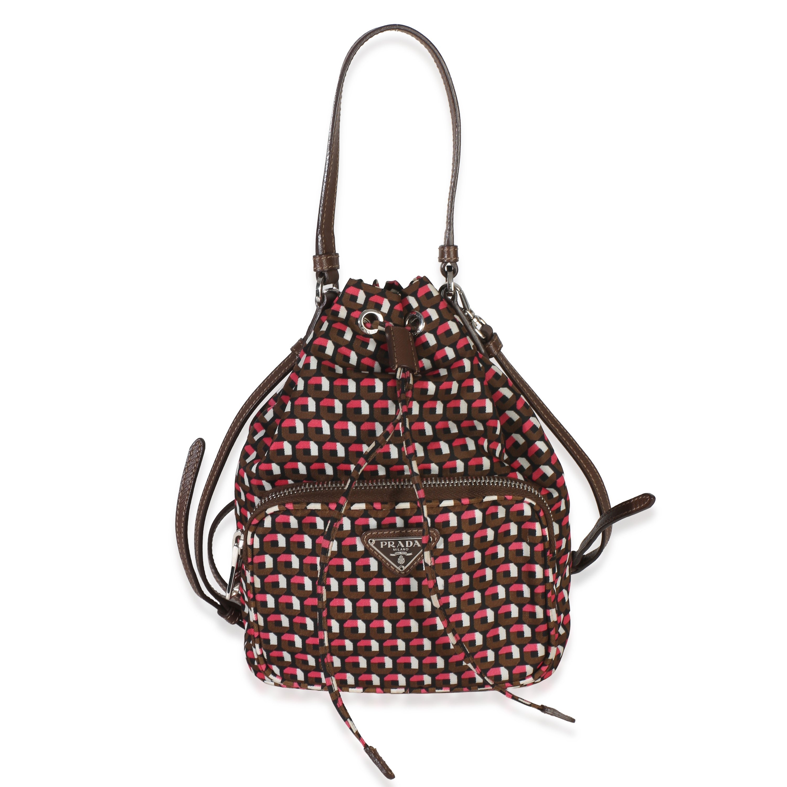 Multicolor Brown Geometric Printed Tessuto Saffiano Mini Bucket Bag