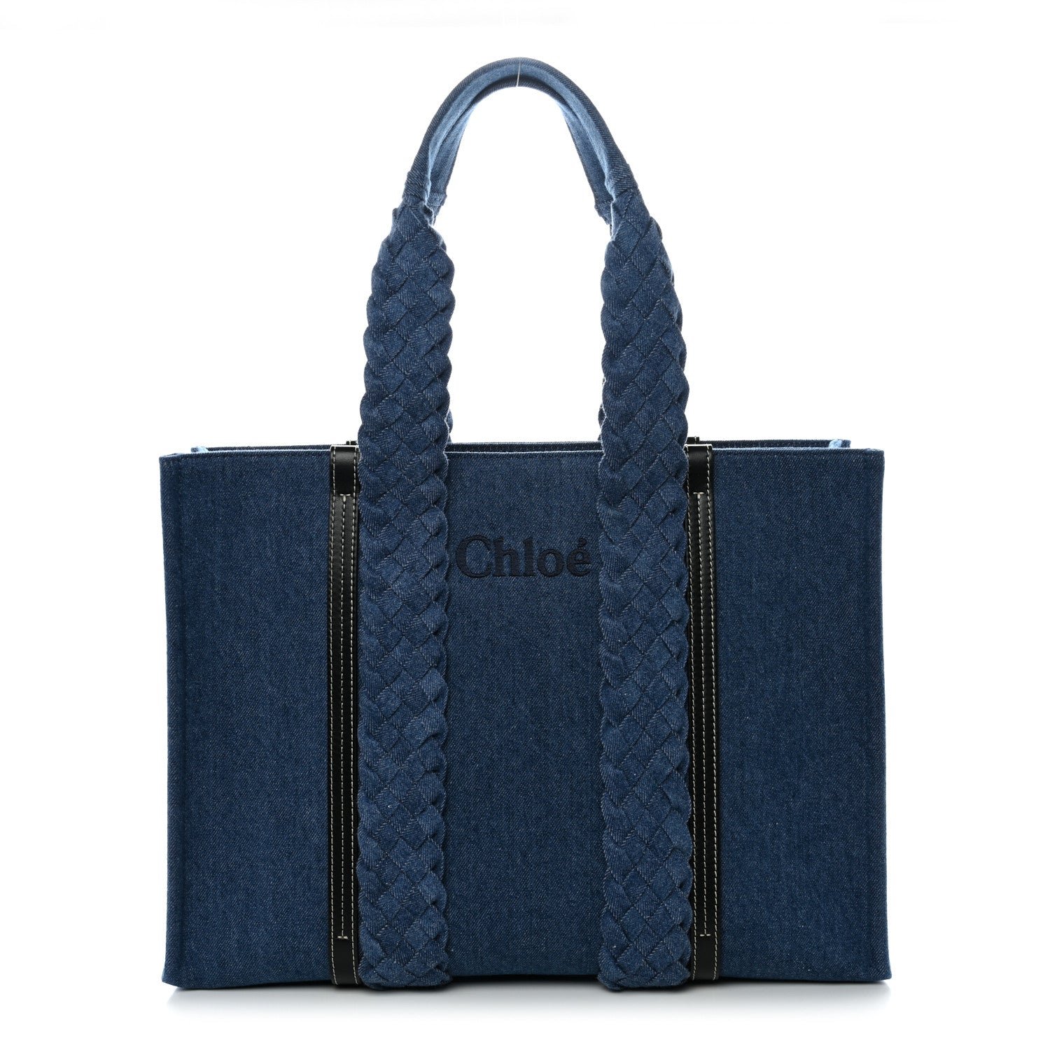 Chloe Chloe Denim Calfskin Large Braided Woody Ribbon Tote  Blue