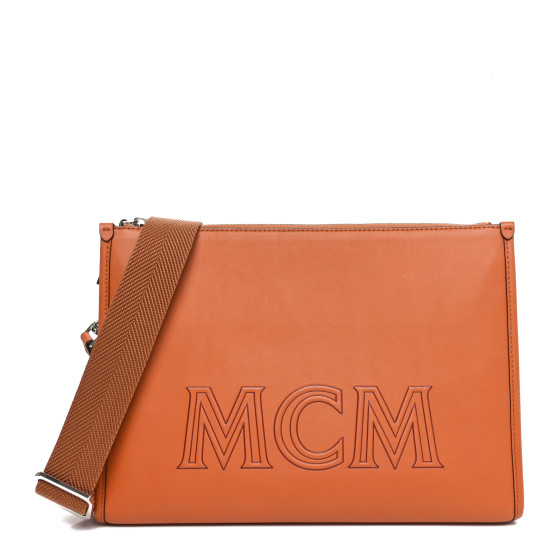 MCM Calfskin Logo Aren Crossbody Messenger Bag Cognac