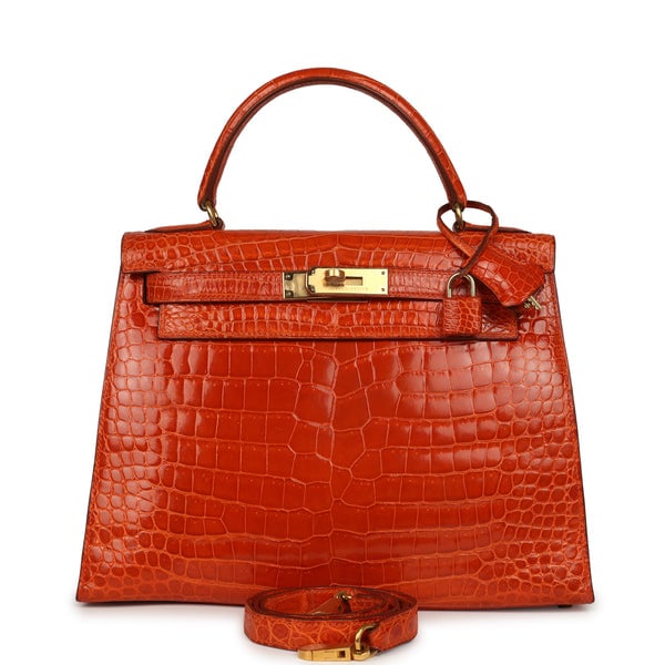 Hermes Vintage Hermes Kelly Sellier 28 Orange Shiny Porous Crocodile Gold Hardware