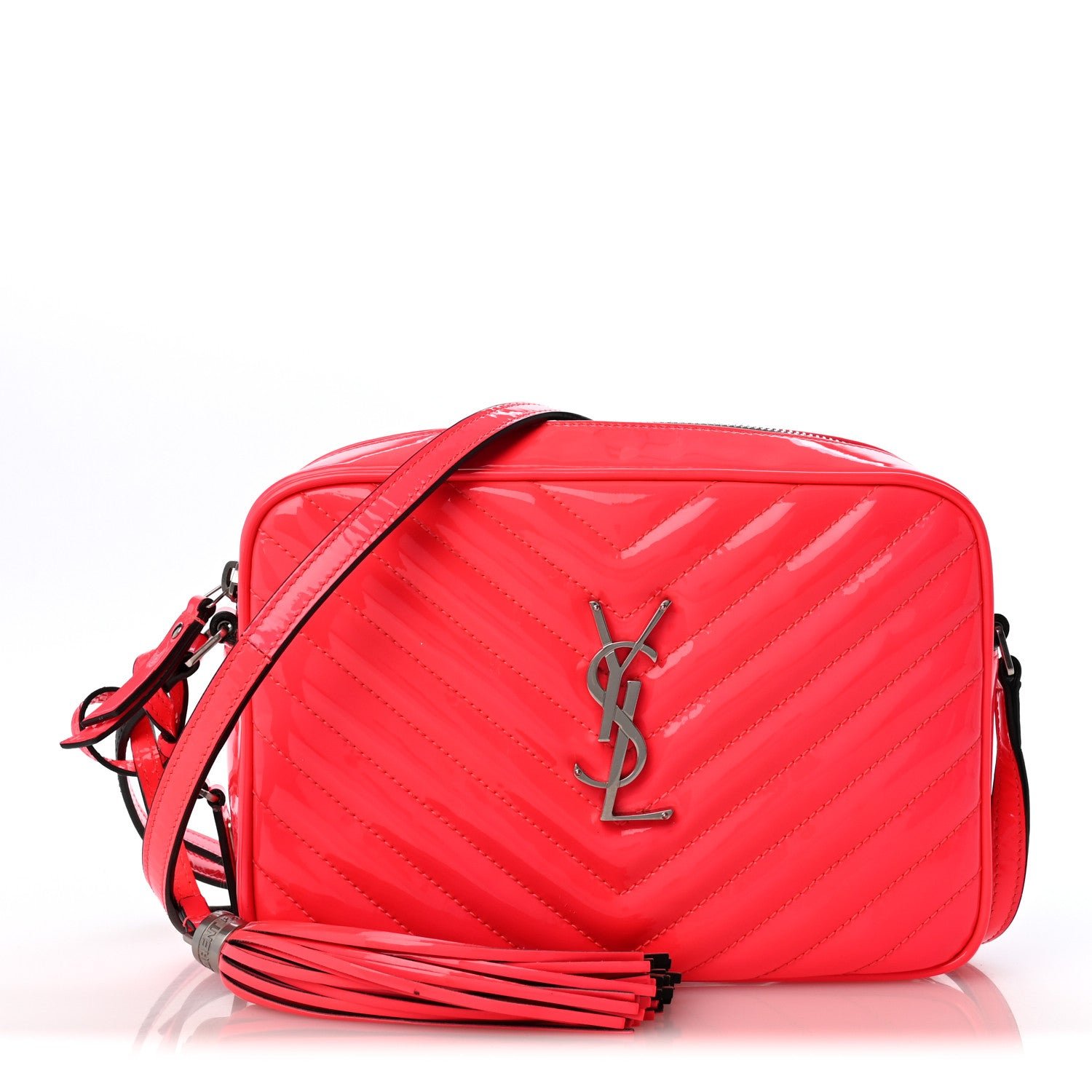 Saint Laurent Patent Calfskin Matelasse Monogram Lou Camera Bag Neon Pink