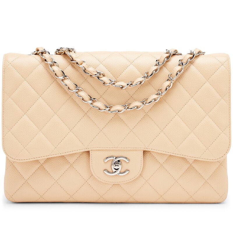 Beige Clair Quilted Caviar Classic Jumbo Single Flap Bag Silver Hardware, 2009-2010