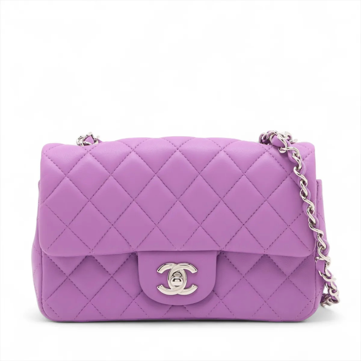 Chanel Mini Matelasse 20 Lambskin Single Flap Single Chain Bag Purple Silver Met