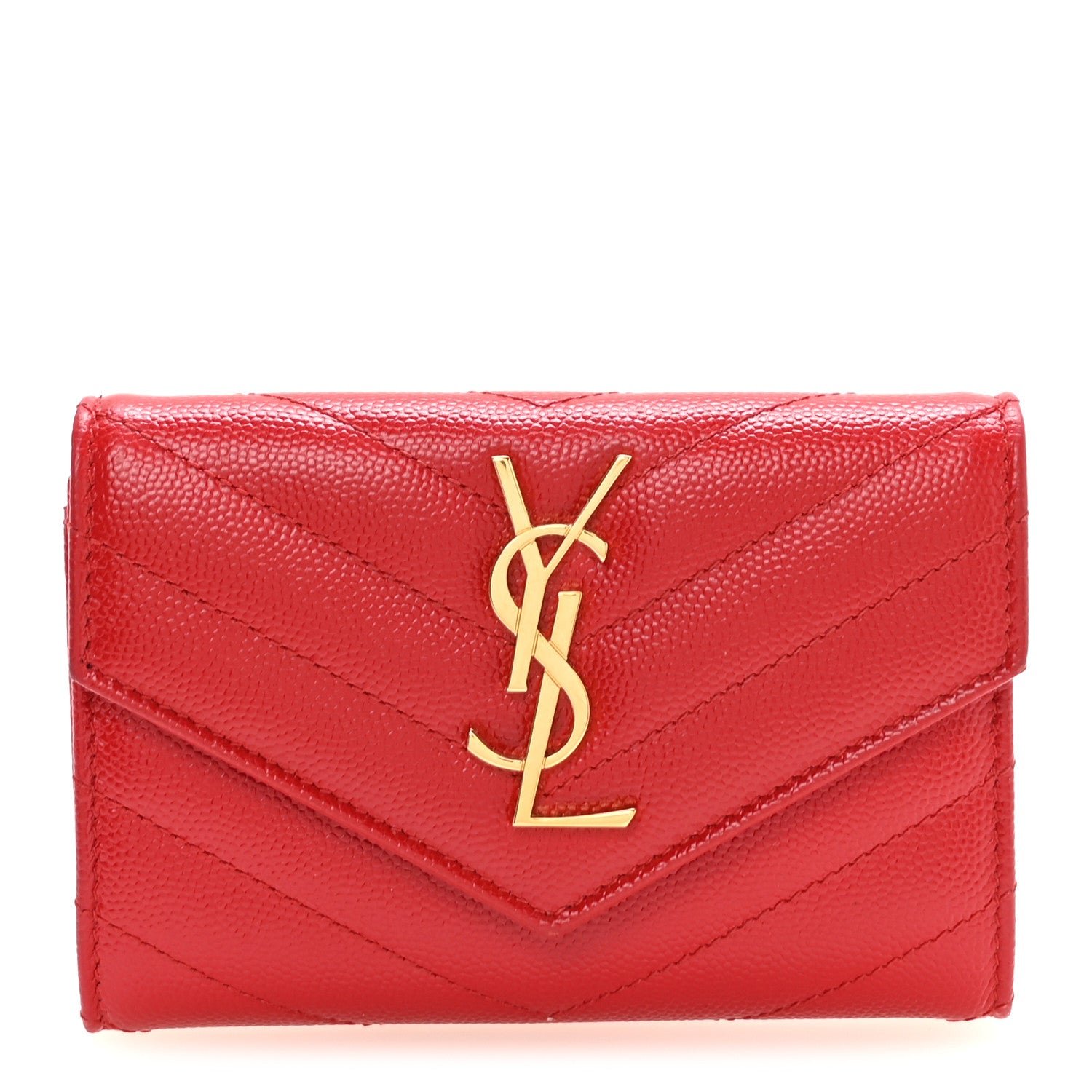 Saint Laurent Grain De Poudre Matelasse Chevron Small Monogram Envelope Wallet New Red