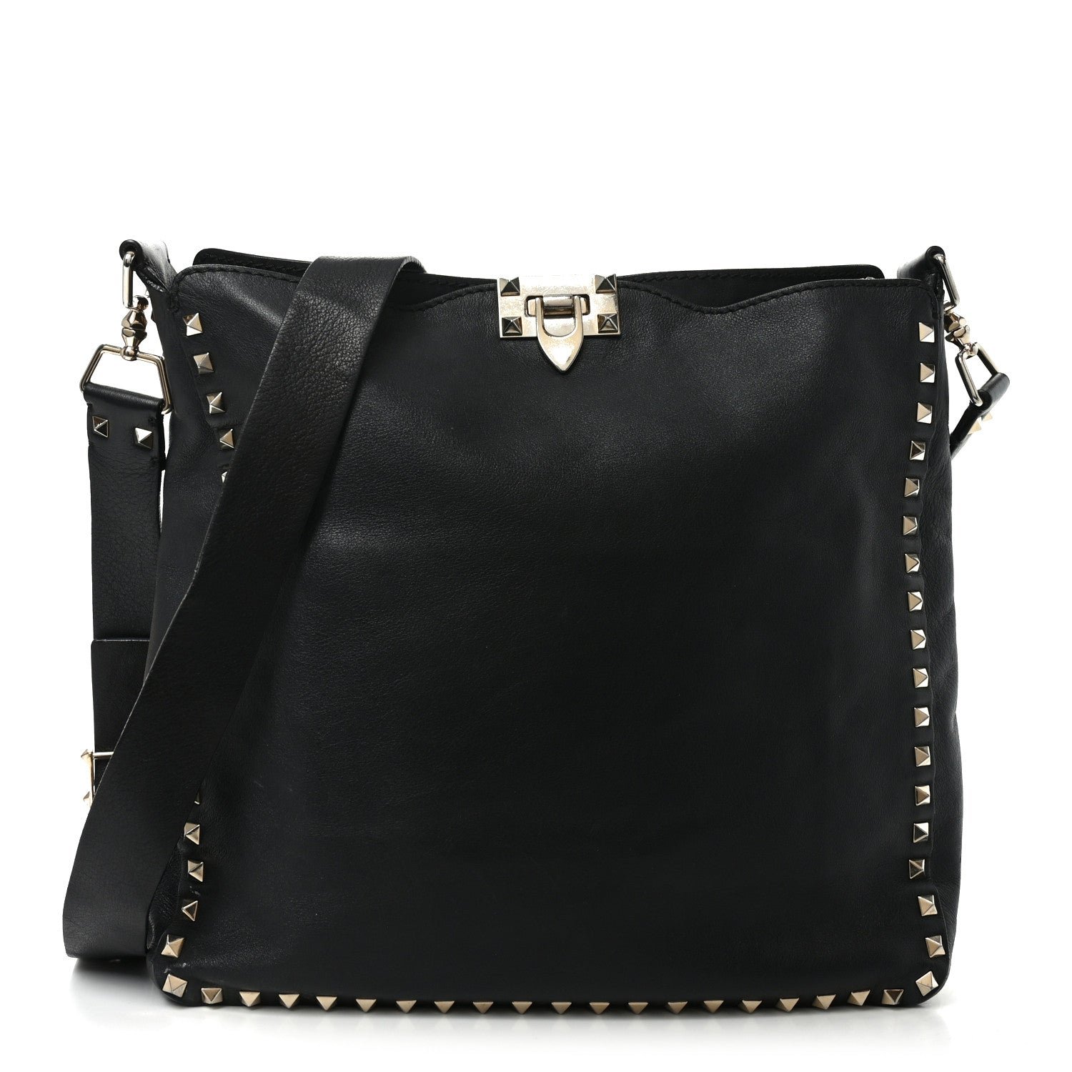 Valentino Garavani Vitello Calfskin Small Rockstud Flip-Lock Messenger Bag Black