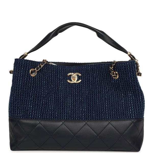 Chanel Small Coco Base Hobo Bag Blue Denim Tweed and Navy Blue Shiny Lambskin Gold Hardware